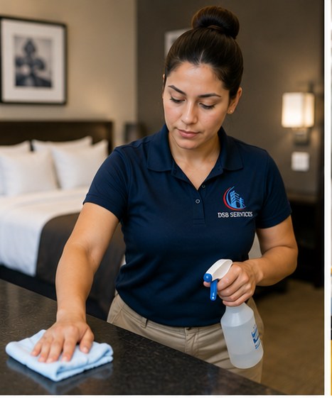 DSB team member dusting a hotel room