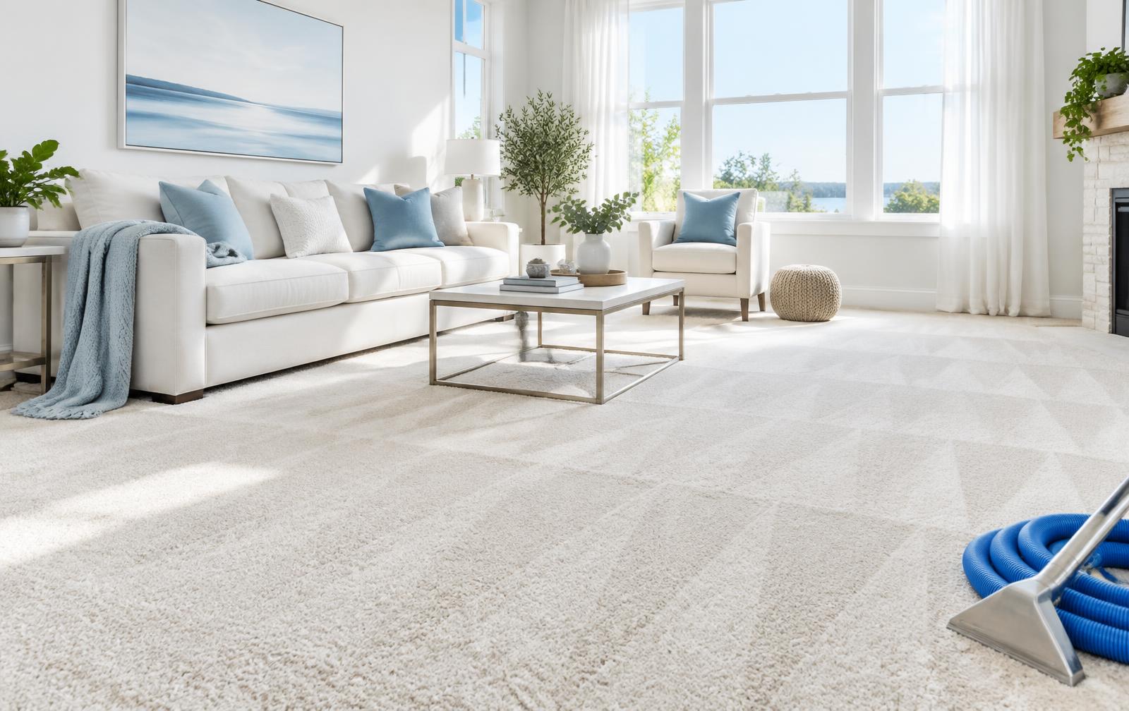 A bright living room with freshly cleaned carpet cared for by the DSB Home Improvement Program